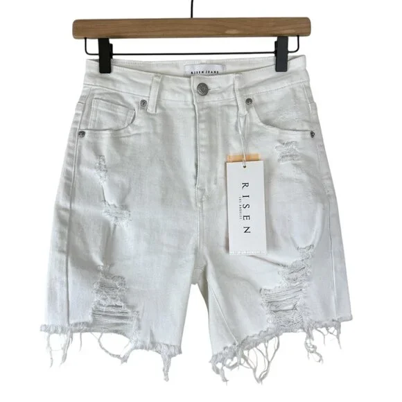 NWT Risen White High Rise Distressed Mid Thigh Jean Shorts - Picture 2 of 7
